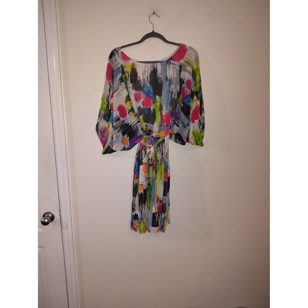 Signature by Robbie Bee Womens Abstract Print Kimono Sleeve Belted Mini Dress 10